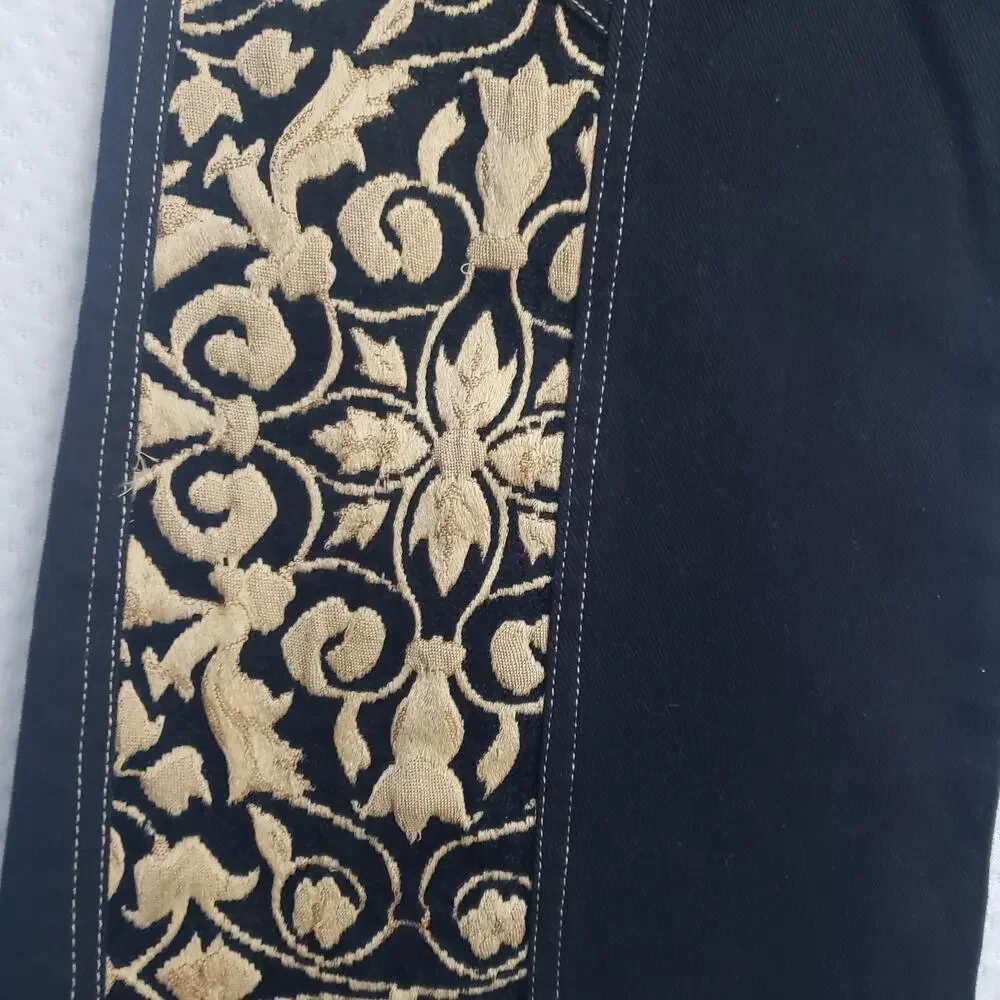 Womens Western Rodeo Bootcut Jeans Black w/ Gold Embroidery & Faux Leather Sz 22